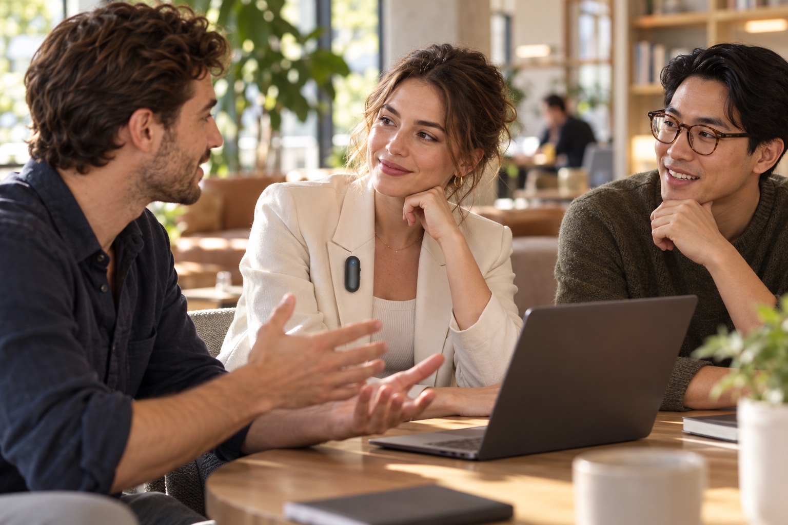 A conversation in a bright shared workspace